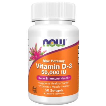 Vitamina D3, 50.000 UI, 50 Cápsulas Softgels, NOW Foods