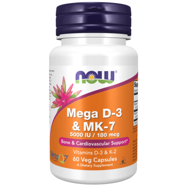 Mega D-3 e MK-7, 5.000 UI, 180 mcg, 60 Cápsulas Vegetais, Now Foods