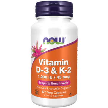 Vitamina D3 1.000 UI e K2 45 mcg, 120 Cápsulas Vegetais, NOW Foods