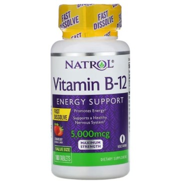 Vitamina B-12, 5.000mcg, Dissolução Rápida, Morango, 100 Comprimidos, Natrol