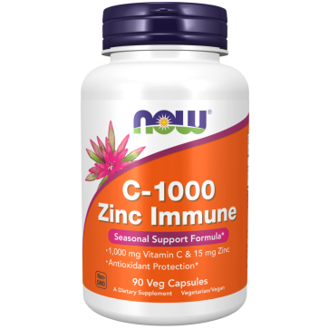 C-1000 Zinc Immune, Vitamina C, 1.000 mg, Zinco, 15 mg, 90 Cápsulas Vegetais, NOW Foods