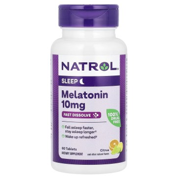 Melatonina, 10 mg, Força Máxima, 60 Comprimidos Dissolução Rápida, Sabor Citrus, Natrol