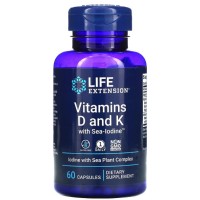 Vitaminas D e K com Sea-Iodine, 125 mcg (5.000 UI), 60 Cápsulas, Life Extension