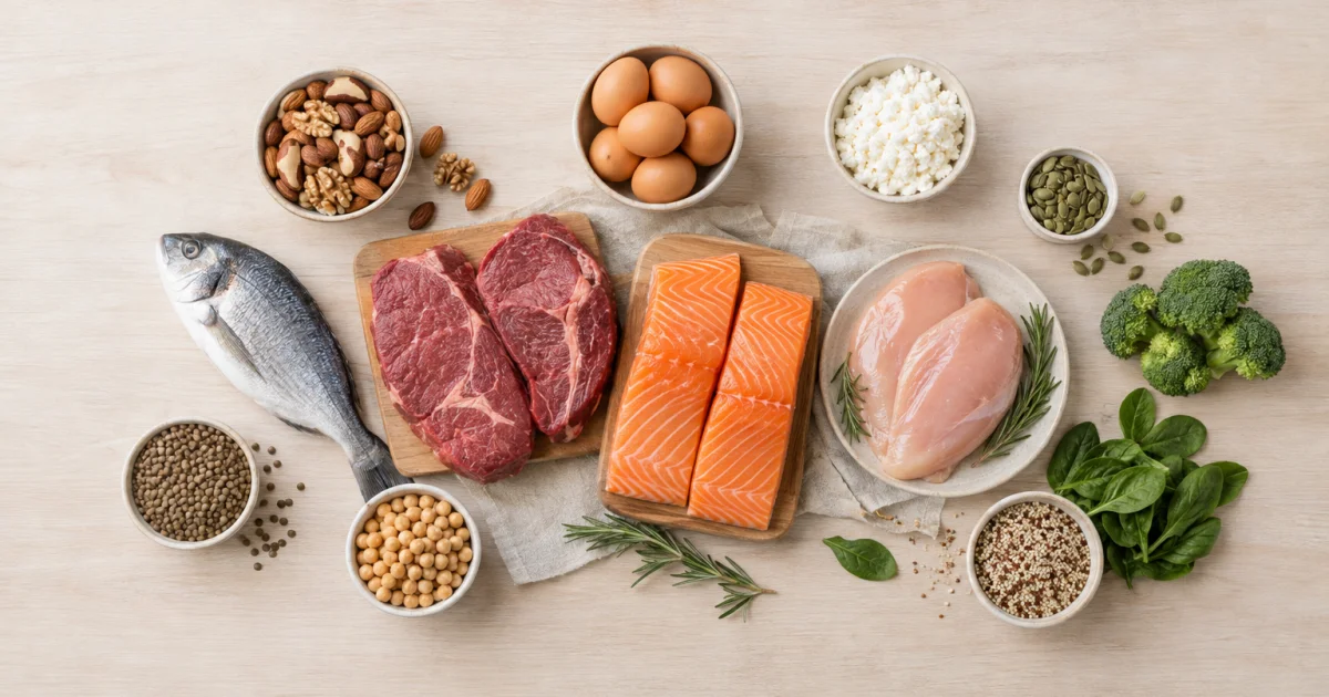 Carnes e peixes frescos, ovos, oleaginosas e grãos arrumados em tábuas e tigelas sobre superfície clara de madeira e linho