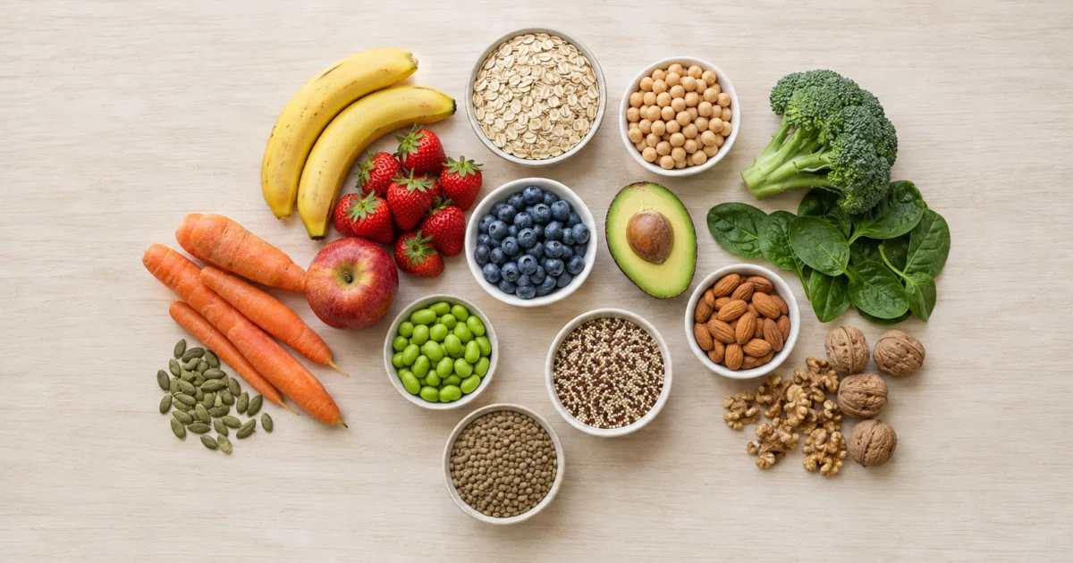 Frutas, grãos, legumes e nozes dispostos em tigelas e sobre a mesa, em superfície clara de madeira