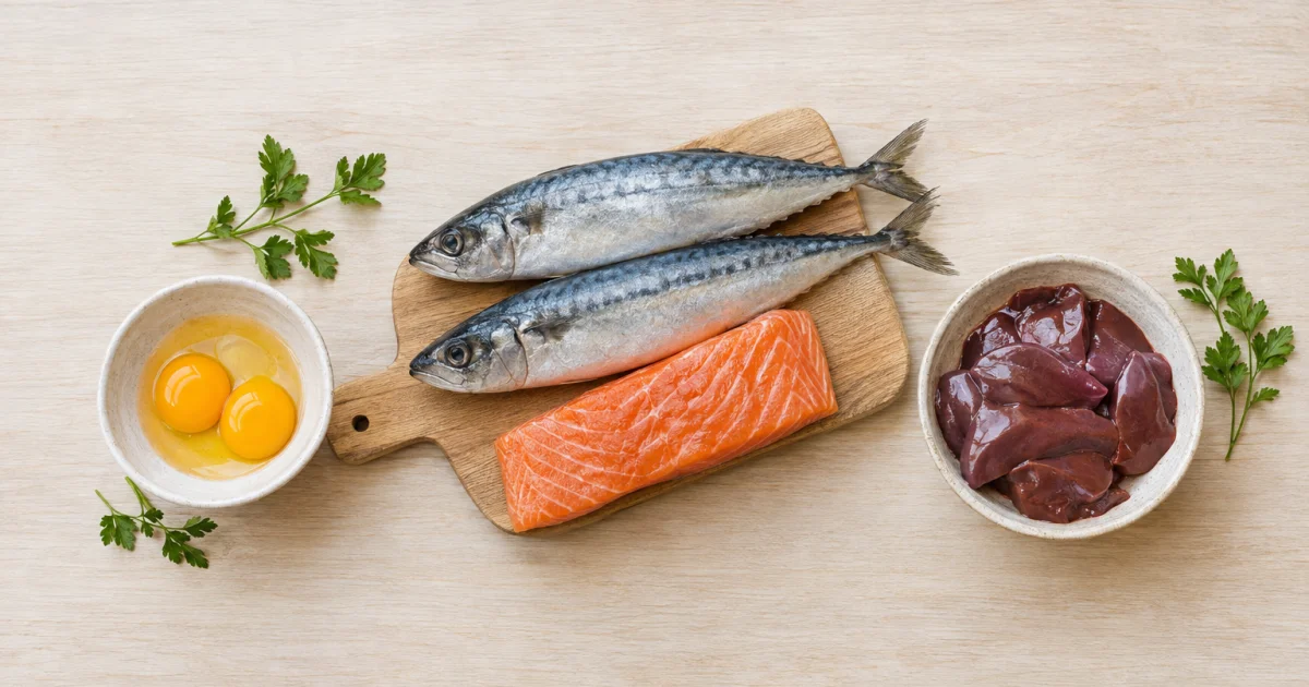 Peixes gordurosos, salmão, gema de ovo e fígado dispostos sobre uma tábua e tigelas, em superfície clara de madeira