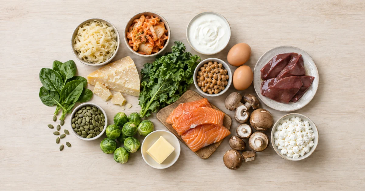 Alimentos fermentados e de origem animal, como queijo, kimchi, chucrute, iogurte, natto, ovos e salmão, sobre superfície clara