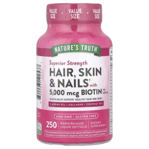 Cabelos, Pele e Unhas com Biotina, Potência Superior, 250 Cápsulas Softgel Líquidas de Liberação Rápida, Nature's Truth
