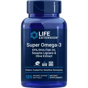 Super Ômega-3 EPA/DHA, Óleo de Peixe, Lignanas de Gergelim e Extrato de Oliva, 120 Cápsulas Softgel com Revestimento Entérico, Life Extension