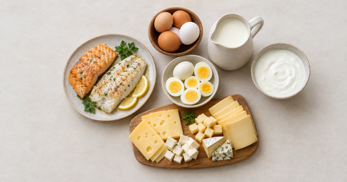 Vista de cima de uma mesa clara com salmão e peixe branco grelhados com limão, ovos crus e cozidos, jarra de leite, tigela de iogurte e tábua de madeira com queijos em fatias e cubos