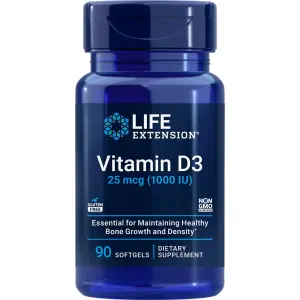 Vitamina D3, 25 mcg (1.000 UI), 90 Cápsulas Softgel, Life Extension