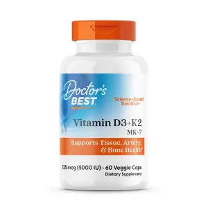 Vitamina D3 + K2 como MK-7 125 mcg (5.000 UI), 60 Cápsulas Vegetarianas, Doctor's Best